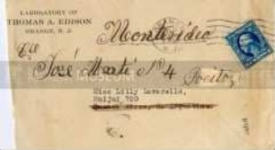 Briefumschlag mit handgeschriebener Adresse und Aufdruck des Laboratoriums von Thomas A. Edison