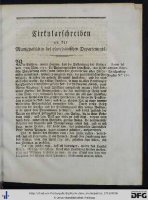 Cirkularschreiben an die Munizipalitäten des oberrheinischen Departements.