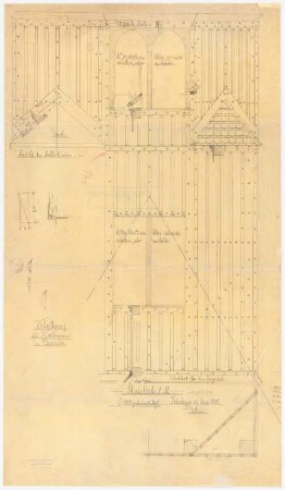 Kirche, Demnitz/Mark Umbau: Verbretterung (Verbreiterung?) des Kirchturms, Details 1:10 (Bauvorlagezeichnung)