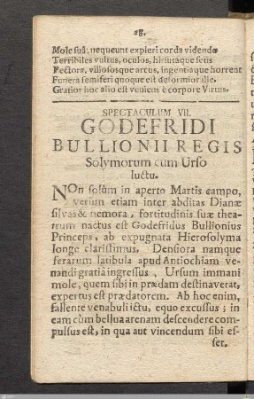 Spectaculum VII: Godefridi Bullionii Regis Solymorum cum Urso luctu.