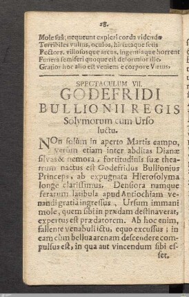 Spectaculum VII: Godefridi Bullionii Regis Solymorum cum Urso luctu.