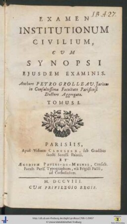 Tomus I: Examen Institutionum Civilium, Cvm Synopsi Ejusdem Examinis