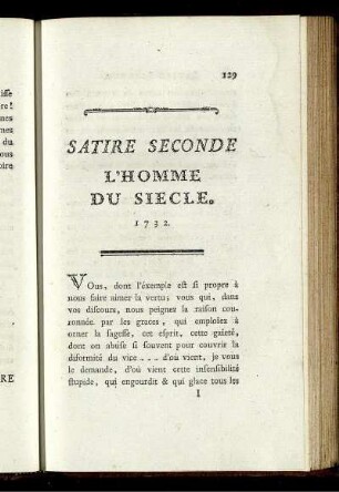 Satire Seconde L'Homme Du Siecle. 1732.