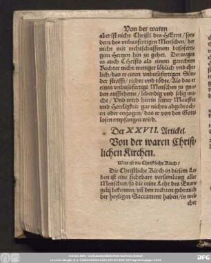 Der XXVII. Artickel. Von der waren Christlichen Kirchen.
