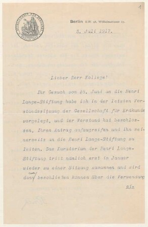 Brief der Gesellschaft für Erdkunde zu Berlin an Hans Steffen