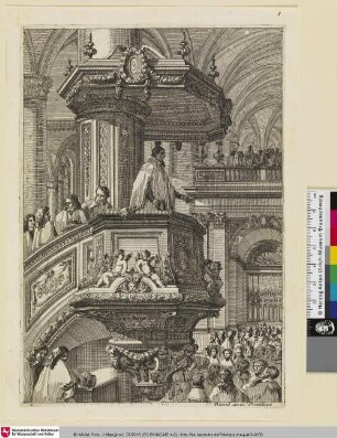 [Eine Kanzel mit Prediger nach rechts; Chaire de trois quarts à droite, avec un prédicateur tenant sa barrette]