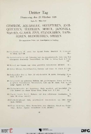 Gemäle, Aquarelle, Skulpturen, Antiquitäten, Textilien, Möbel, Japonika, Waffen, Gläser, Zinn, Standuhren, Tapisserien, Bilderuhren, Spitzen (Nr.394-597)