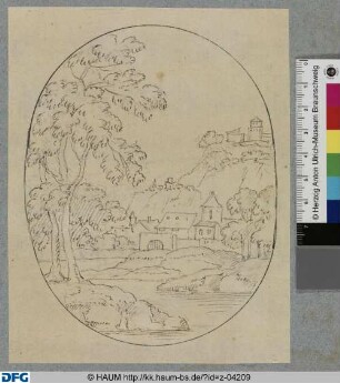 Berglandschaft mit Baum, Fluss und drei Dörfern im Oval