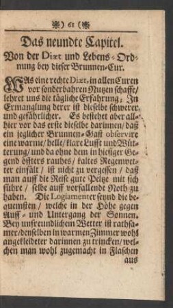 Das neundte Capitel. Von der Diaet und Lebens-Ordnung bey dieser Brunnen-Cur