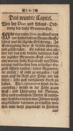 Das neundte Capitel. Von der Diaet und Lebens-Ordnung bey dieser Brunnen-Cur