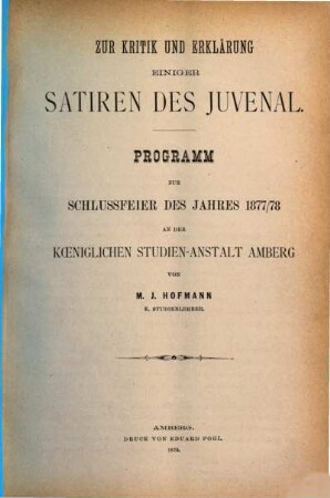 Zur Kritik und Erklärung einiger Satiren des Juvenal
