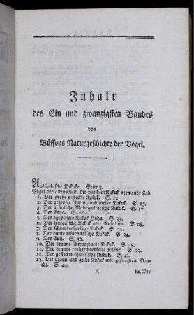 Inhalt des Ein und zwanzigsten Bandes von Buffons Naturgeschichte der Vögel.