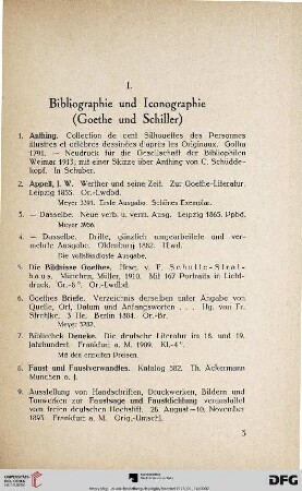 I. Bibliographie und Iconographie (Goethe und Schiller) (Nr.1-33)