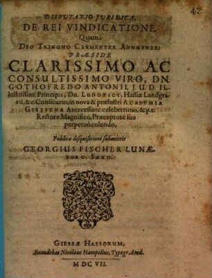 Disputatio Iuridica, De Rei Vindicatione
