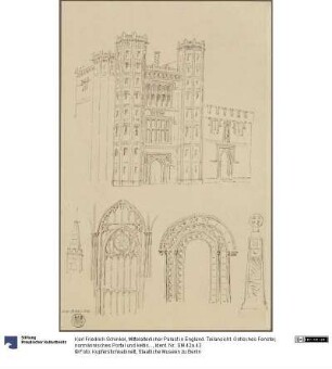 Mittelalterlicher Palast in England. Teilansicht. Gotisches Fenster, normännisches Portal und keltisches Kreuz
