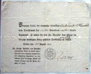 Bescheinigung zum Tragen der Kriegsdenkmünze 1813/14 für den Leutnant Peter Daniel Ludwig Hauschild