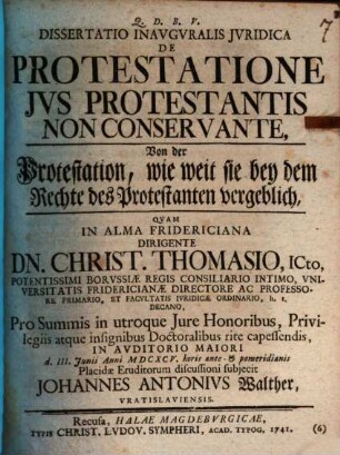 Diss. inaug. iur. de protestatione ius protestantis non conservante