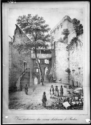 Baden-Baden Altes Schloss - Schloss Hohenbaden Lithographie (19. Jahrhundert) Innenhofansicht Vie interieure du vieux chateaux de Baden