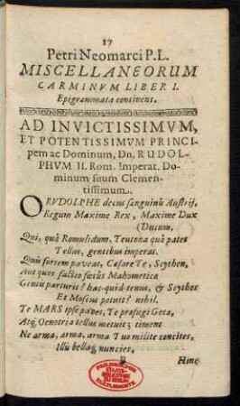 Petri Neomarci P. L. Miscellaneorum Carminum Liber I. Epigrammata continens.