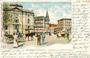 Leipzig: Eingang zur Petersstrasse; Leipziger Bank; Modehaus Aug. Polich, Reichsbank