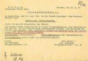 Maschinenschriftliche Aufforderung zu einer Mitgliederversammlung der NSDAP-Ortsgruppe
