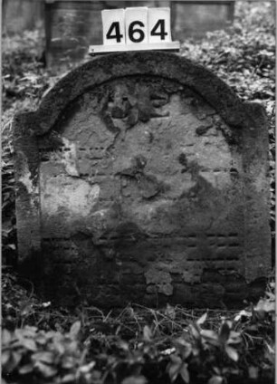 Grabstein 464 (Index: 99803759) Material: Sandstein Zustand: nur einzelne Buchstaben lesbar Maße HxBxT: 70x63x8 cm Beschreibung: Stele mit Karniesbogen und profiliert. Rand: Grabstein 464
