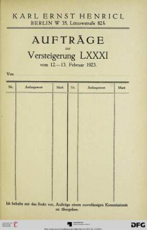 Aufträge zur Versteigerung LXXXI
