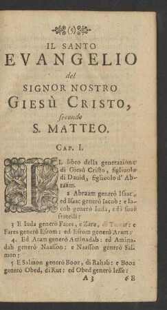 Il Santo Evangelio del Sig nor Nostro Giesù Cristo, secondo S. Matteo