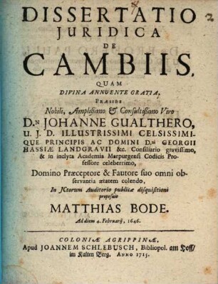 Dissertatio Iuridica De Cambiis : Quam Divina Annuente Gratia