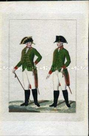 Uniformdarstellung, Offizier und Gemeiner der Jäger-Kompanie, Königreich Preußen, 1789, Tafel aus: Horvath: Preussische Armee-Uniformen unter der Regierung Friedrich Wilhelm II.