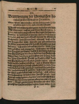 IIX. Beantwortung der Theologischen Facultät zu Greiffswald in Pommern.