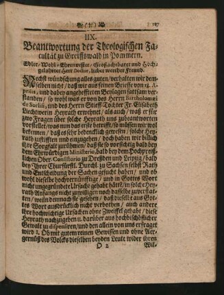 IIX. Beantwortung der Theologischen Facultät zu Greiffswald in Pommern.