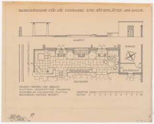 Druckvorlagen / Garten Allinger, Berlin-Dahlem: Gartenterrasse mit Sitzplätzen: Grundriss, Maßstabsleiste