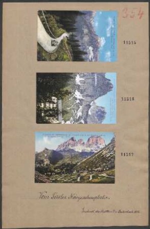Kolorierte Ansichtskarten: Serpentinen der Dolomitenstraße am Pordoijoch (2250 m) mit Langkofel (3178 m) u. Col Rodella (2486 m). Tirol
