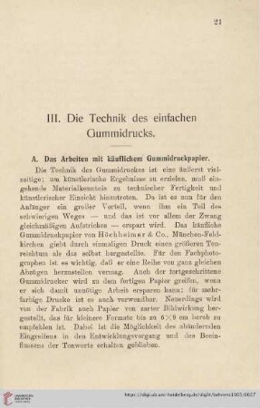 III. Die Technik des einfachen Gummidrucks