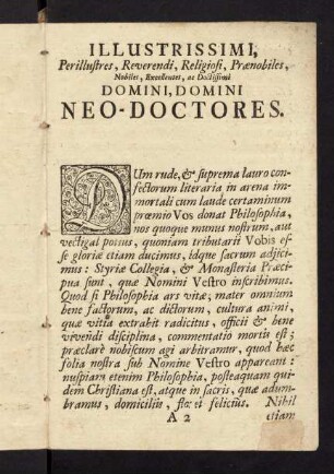 3-4, Vorwort. Illustrissimi, Perillustres, Reverendi, Religiosi, Praenobiles, Nobiles, Excellentes, ac Doctissimi Domini, Domini Neo-Doctores.