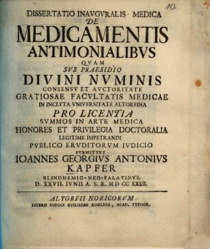 Dissertatio Inavgvralis Medica De Medicamentis Antimonialibvs