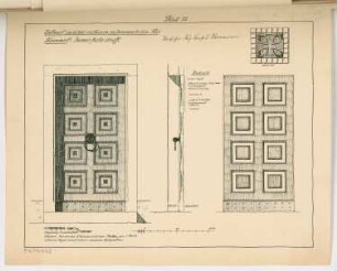 Eichentür, benagelt Monatskonkurrenz Januar 1916: Aufriss Vorderansicht, Rückansicht, Vertikalschnitt (1:10); Detail 1:1; Maßstabsleiste, Erläuterungstext