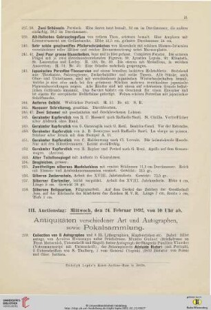 III. Auctionstag: Mittwoch, den 24. Februar 1892, von 10 Uhr ab (Nr.259-384)