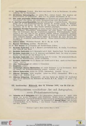 III. Auctionstag: Mittwoch, den 24. Februar 1892, von 10 Uhr ab (Nr.259-384)