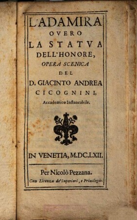 L' Adamira overo La statua dell' honore : Opera scenica