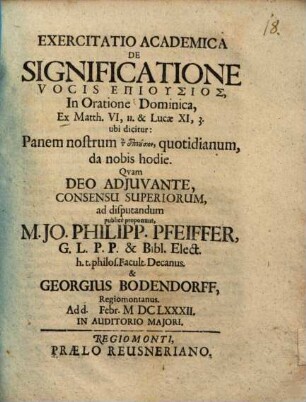 Exercitatio acad. de significatione vocis epiusios in oratione dominica