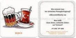 Bierdeckel mit einer Karikatur (vs.) und zwei Witzen (rs.) über Probleme der Integration