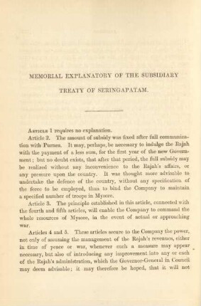 Memorial explanatory of the subsidiary treaty of Seringapatam