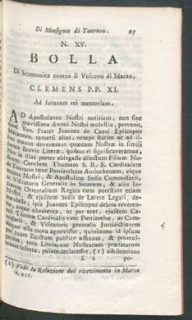 N. XV. Bolla di scomunica il vescovo di Macao.