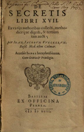 De Secretis : Libri XVII. Accessit Index locupletissimus