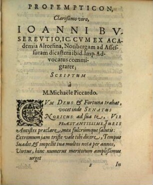 Propempticum Ad virum clarißimum, D. Ioannem Busereitum, ... Cum Ex voluntate Inclyti Senatus Norici Altorphio Noribergam commigraret, & ibidem in ordinem eiusdem Reip. laudatissim[a]e Consiliariorum adscisceretur & cooptaretur