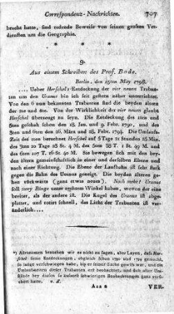 Aus einem Schreiben des Prof. Bode : Berlin, den 15ten May 1798
