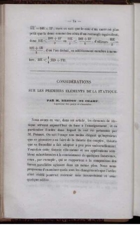 Considérations sur les premiers éléments de la statique.