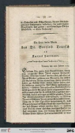 III. Ein Paar derbe Worte des Dr. Gottlob Teutsch an Kaspar Hartmann